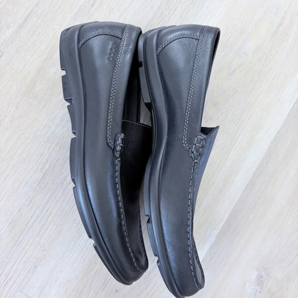 ECCO Mens‎ Black Leather Loafers Slip On Moc Toe Shoes EU 44/10.5 Handsewn